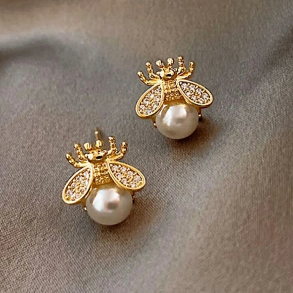 Fashion Jewelry Jewelry - Bee Earrings Pearl Rhinestone  Gold Vermeil S925 Studs